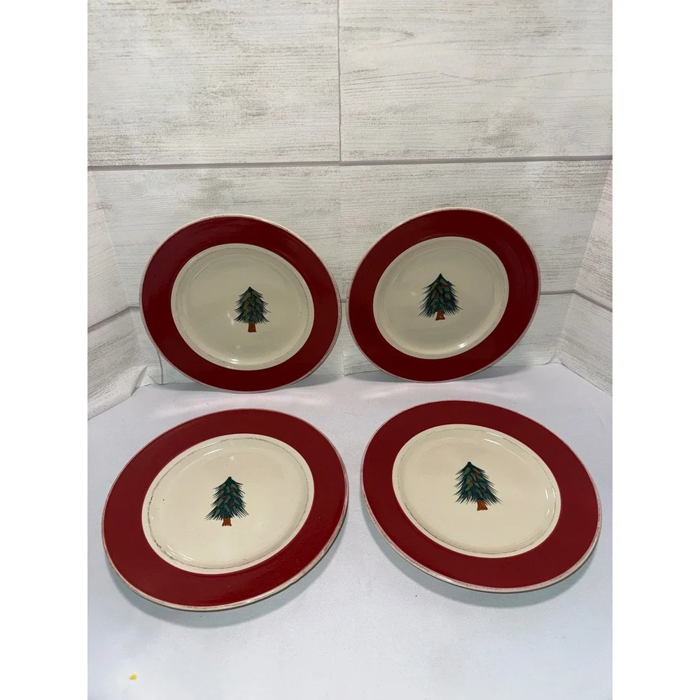 Pier 1 Rustic Tree Christmas Salad Plates Set 4 Red Rim Hand Painted Stoneware